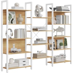 Bookcase with 14 Shelves, Industrial Display Storage Unit, Metal Frame for Living Room and Home Office, Golden Oak and Matte White