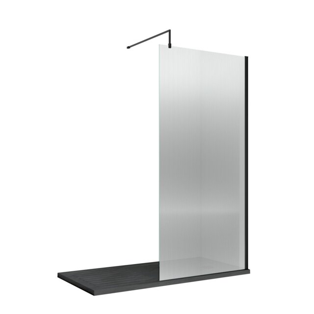 Balterley Modern Bathroom Shower Fluted Toughened Safety Glass Wetroom Screen with Support Bar Black Matt Black