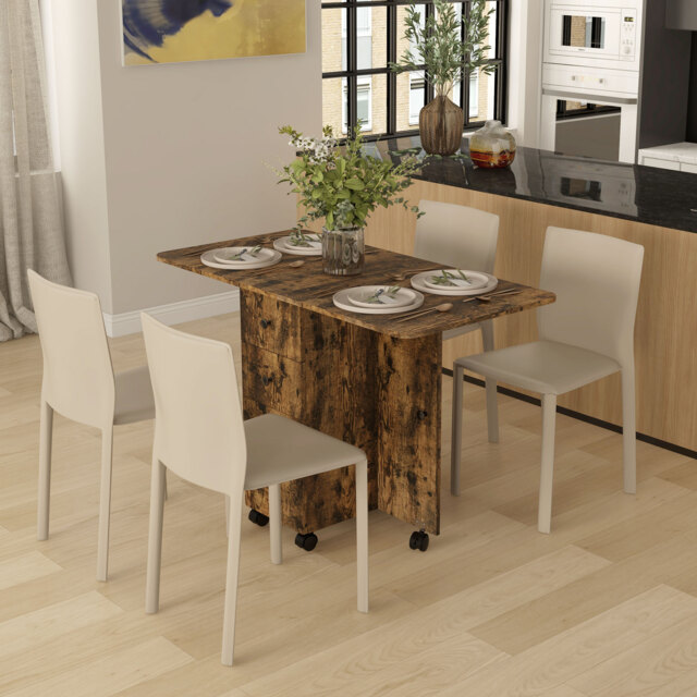 HOMCOM Folding Dining Table for 4-6, Rolling Drop Leaf Table on Wheels with Storage Drawers, Cabinet and Open Shelf for Kitchen, Dining Room, Rustic Brown