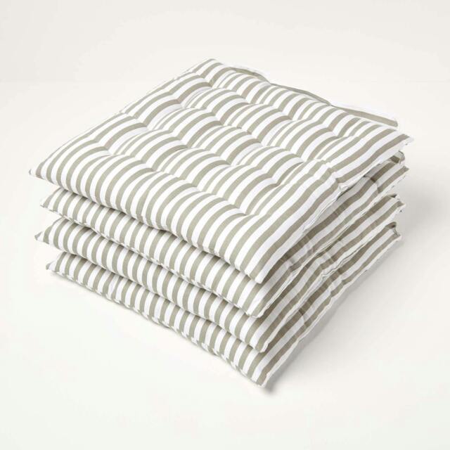 Homescapes 4 x Seat Pads Luxury Cotton Stripe Indoor Outdoor Garden Dining Cushion Grey 40 x 40 cm 4