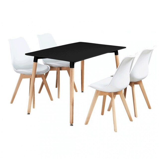 5PCs Dining Set - a Black Halo Dining Table & Set of 4 Lorenzo Tulip Chairs with Padded Seat White