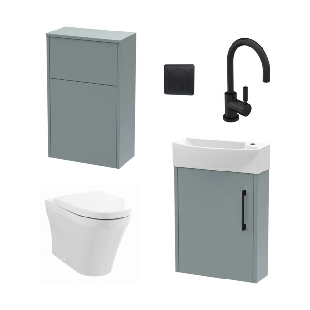 Power Cloakroom Bundle - Left Wall Hung Vanity Unit, Concealed Cistern WC Unit, Toilet & Tap, 440mm - Grey/Black - Balterley Brown