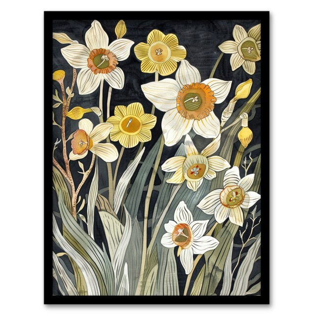 Dark Daffodils Bloom Spring Floral Living Room Black Framed Wall Art Print A4