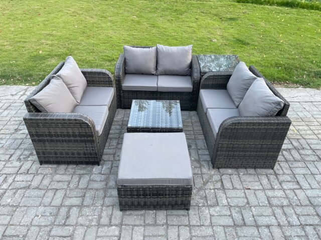 Fimous Outdoor Garden Furniture Sets 7 Seater Wicker Rattan Furniture Sofa Sets with Square Coffee Table Love seat Sofa Big Footstool Side Table