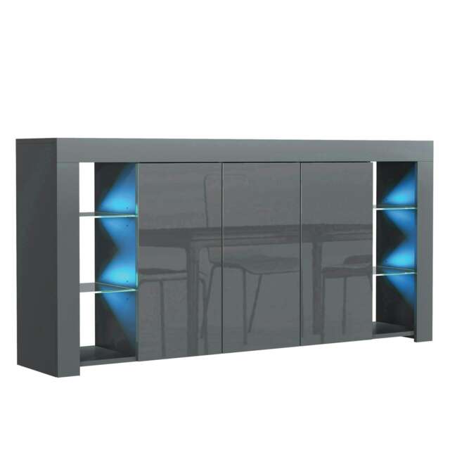 Grey Sideboard 164cm Gloss Doors Free LED Modern Storage Cabinet Grey