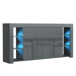 Grey Sideboard 164cm Gloss Doors Free LED Modern Storage Cabinet Grey
