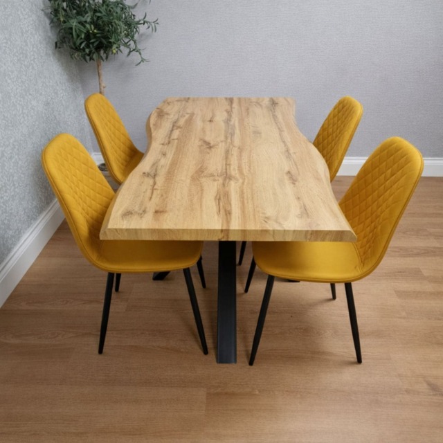 Modern Dining Table with 4 Mustard Gem pattern Faux Leather Chairs Kitchen Furniture