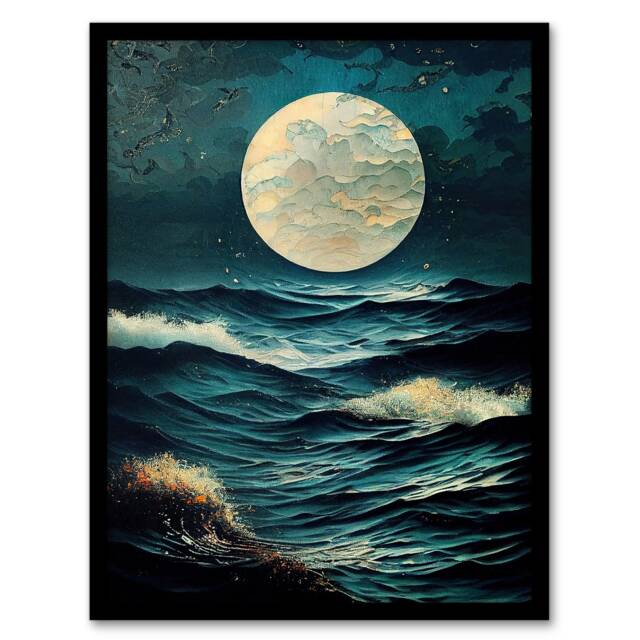 Full Moon Seascape Moonlit Sea Restless Home Decor Black Framed Wall Art Print A4