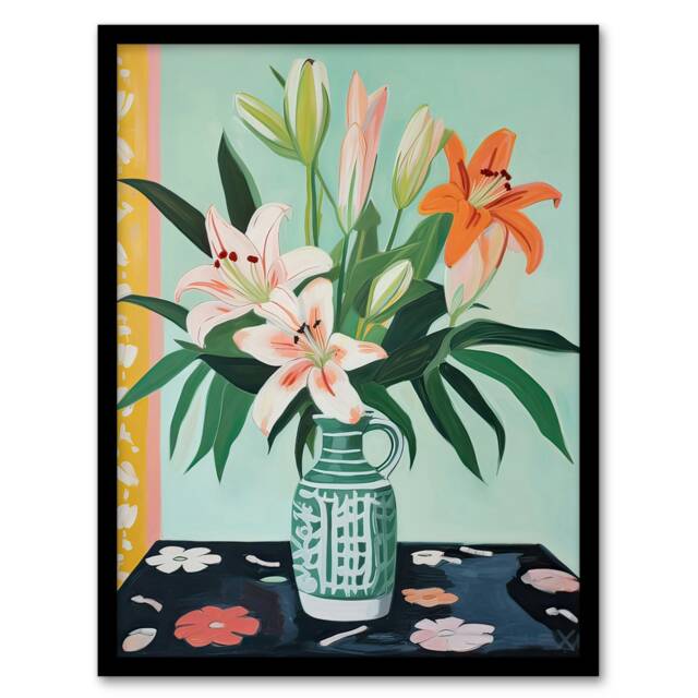 Pink Lilies Green Vase Colourful Home Decor Black Framed Wall Art Print A4