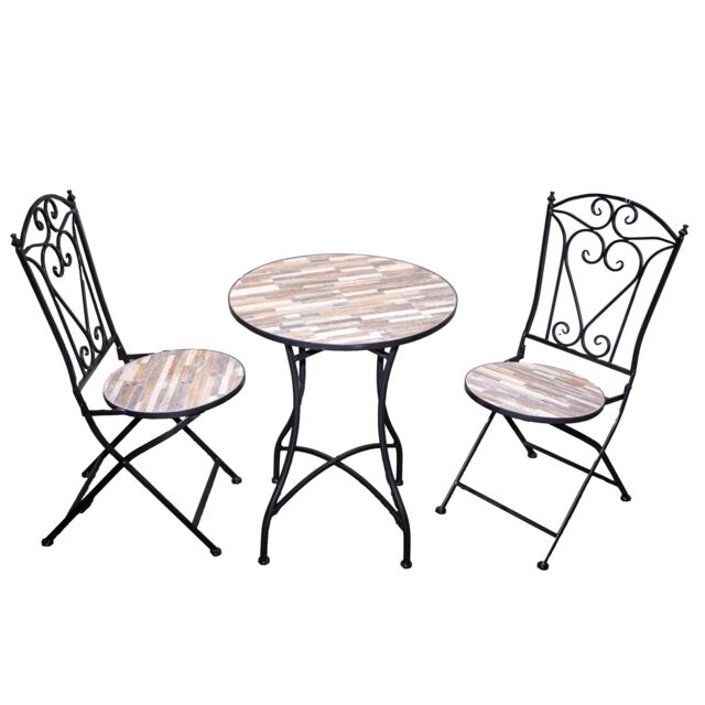 Oasis Mosaic Bistro Set with Round Table and Folding Chairs for Patio Balcony and Garden Outdoor Dining