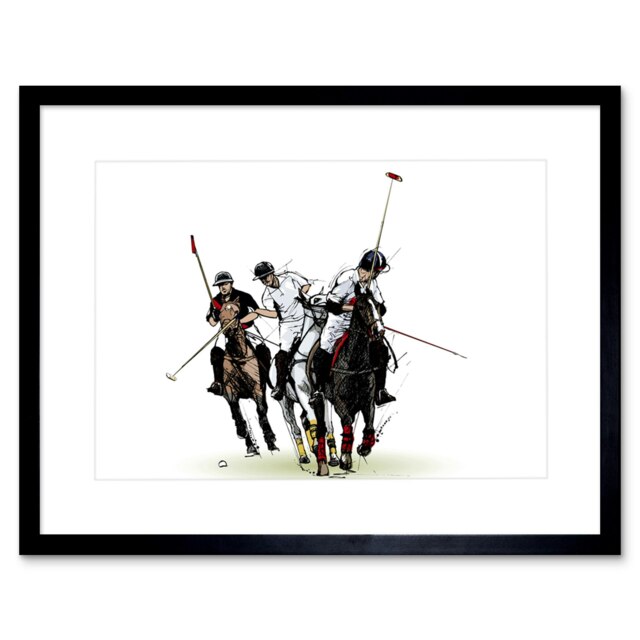 "Polo Sport Horses Ball Game Action Shot Painting 9x7"" Black Framed Wall Art Print"
