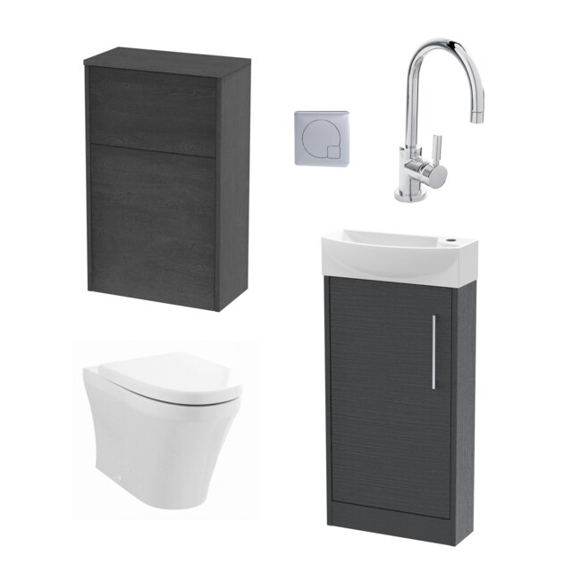 Cloakroom Suite - Left Hand 440mm Vanity, WC Unit, Toilet and Tap - Graphite Grey