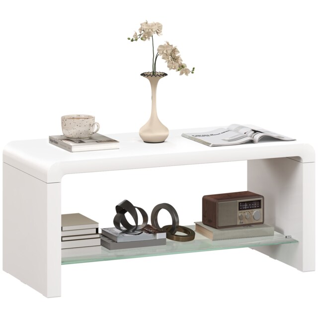 HOMCOM High Gloss Coffee Table with Storage, Two-Tier Living Room Table with Glass Shelf, Modern Centre for Home Office, 100 x 45 x 45cm, High Gloss White White
