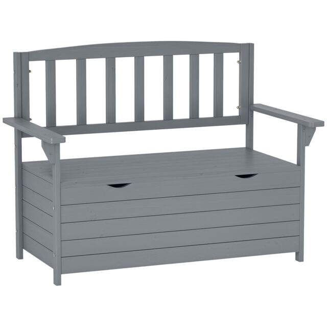Outsunny Garden Storage Bench, 2 Seater Fir Wood Outdoor Bench, Dark Grey Grey