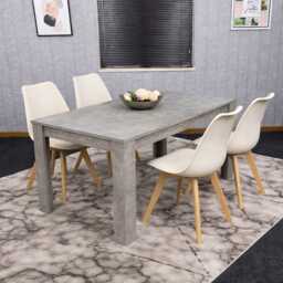 Stone Grey Effect Wood Dining Table Set with 4 Cream Plastic Chairs Modern Dining Room Furniture