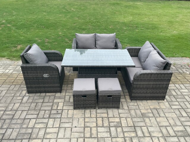 Fimous Wicker PE Rattan Furniture Garden Dining Set Outdoor Height Adjustable Rising lifting Table Love Sofa With Reclining Chair 2 Small Footstools