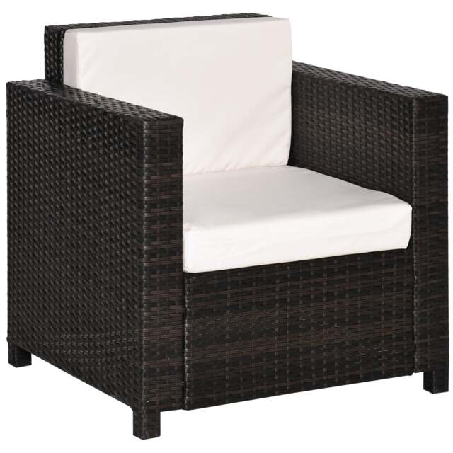 Outsunny Rattan Garden Armchair, Cushioned Single Rattan Chair, Brown Brown Brown