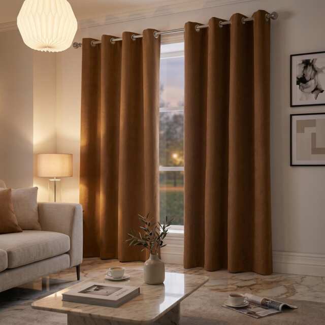 Velvet Chenille Eyelet Curtains Ready Made Pair - 142cm x 183cm - Tan