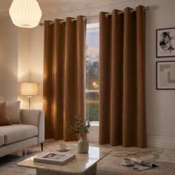 Velvet Chenille Eyelet Curtains Ready Made Pair - 142cm x 183cm - Tan