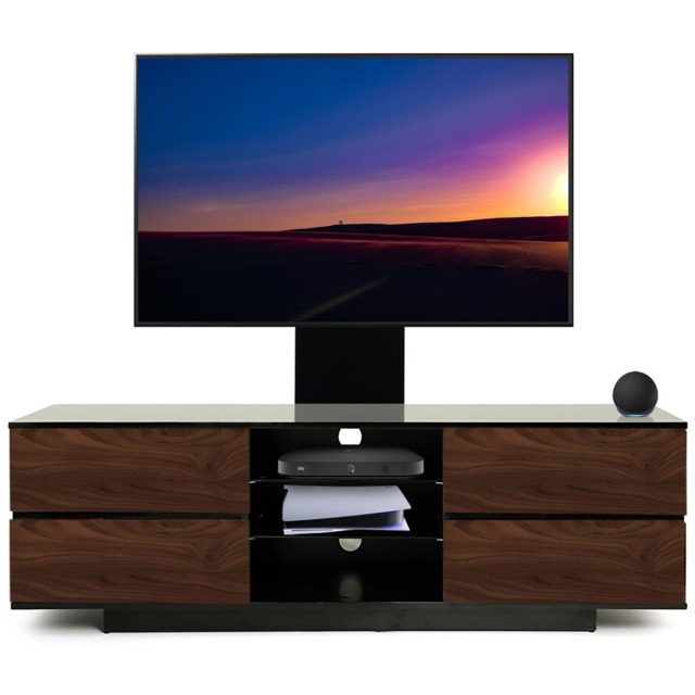 "Homeology Avitus Gloss Black with 4-Walnut Drawers and 3-Shelves up to 65"" LED/LCD/Plasma TV Stand with Mounting Arm"