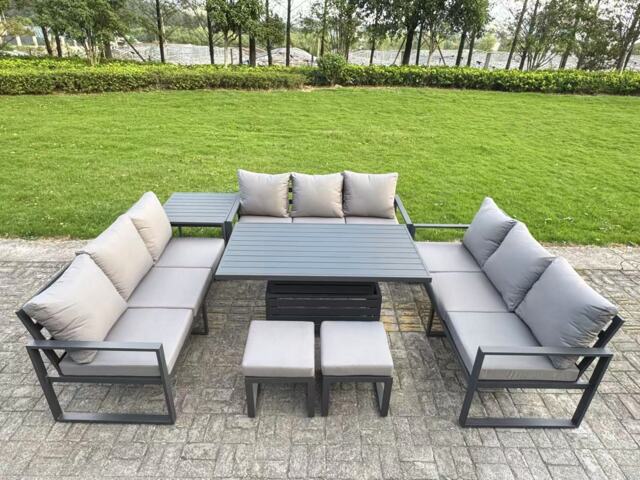 Fimous U-shaped Garden Furniture Set 11-Seater Aluminium Outdoor Dining Set with Adjustable Rising Lifting Dining Table Side Table 2 Small Footstools Dark Grey