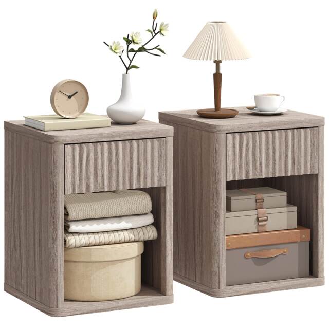 HOMCOM Modern Nightstand with Drawer and Open Shelf, Set of 2, Oak Grey Grey wood grain 40W x 38D x 52H cm