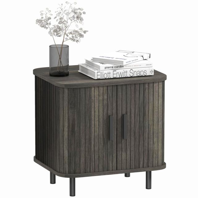 HOMCOM Bedside Table, Nordic Side Table with Roller Shutter Style Sliding Doors and Metal Legs for Bedroom, Living Room, Grey Grey