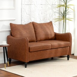 HOMCOM Two-Seater Sofa, Modern Small Sofa with Solid Wood Legs, Brown Brown