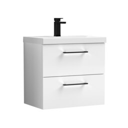 Balterley Wall Hung Bathroom 2 Drawer Vanity Unit and 1 Tap Hole Ceramic Basin, with Handles White Gloss White