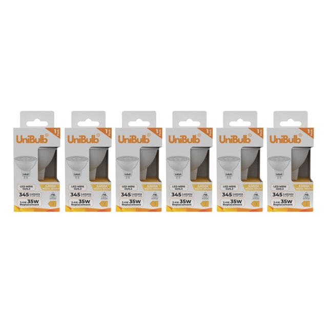 UniBulb LED MR16 GU5.3 345lm 3.4W (Replaces 35W) 3000K (Warm White) Spot Downlight Ceiling Light Bulb - Pack of 6 Clear Warm White 6