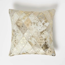 Homescapes Geometric Diamond Gold & Grey Leather Cushion - 45 x 45 cm