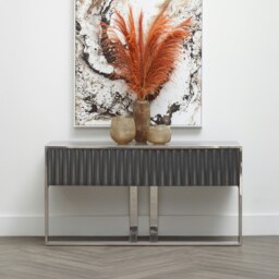 Orsina Grey Hi‑Gloss Finish Console Table, Sleek Glossy Grey Top with Polished Stainless Steel Frame