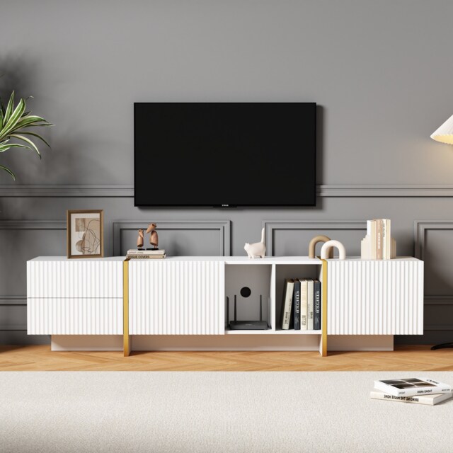 VILUXE 190cm Embossed TV Stand for TVs up to 85 Inches with 2 Drawers, 2 Storage Cabinets, Cable Management and Gold-Tone Details, White