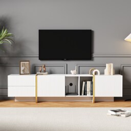 VILUXE 190cm Embossed TV Stand for TVs up to 85 Inches with 2 Drawers, 2 Storage Cabinets, Cable Management and Gold-Tone Details, White