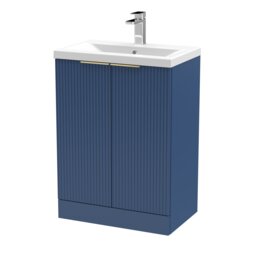 Balterley Fluted Front Floor Standing 2 Soft Close Door Bathroom Vanity Unit with 1 Tap Hole Basin, Handles Blue Satin Blue
