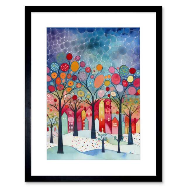 "Winter Abstract Village Folk Art 9x7"" Black Framed Wall Art Print"