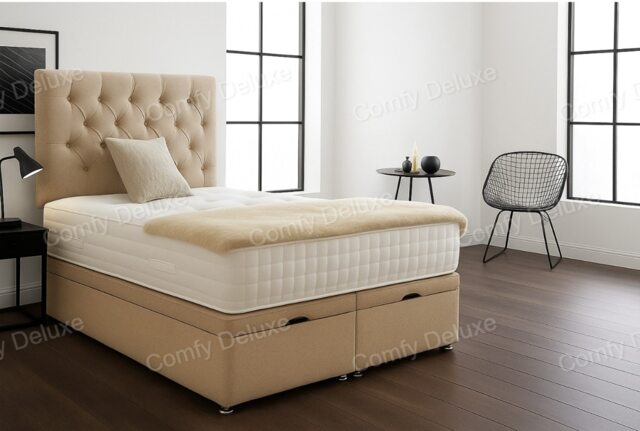Beige Linen 3ft Single Ottoman Divan Foot Lift Open Bed Set Headboard With Memory Mattress