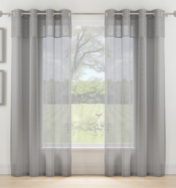 "Andorra Grey Textured Header Sheer Voile Panels - Pair 140 x 137cm (55x54"") Grey Grey 2"