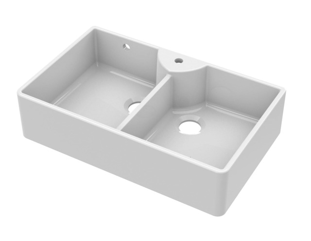 Balterley Fireclay 2 Bowl Stepped Weir Butler Kitchen Sink - Tap Ledge & Overflow White White 1