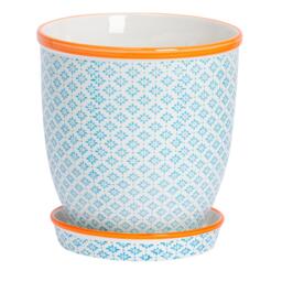 Nicola Spring Hand-Printed Plant Pot with Saucer - 20.5cm - Blue Blue Blue / Orange