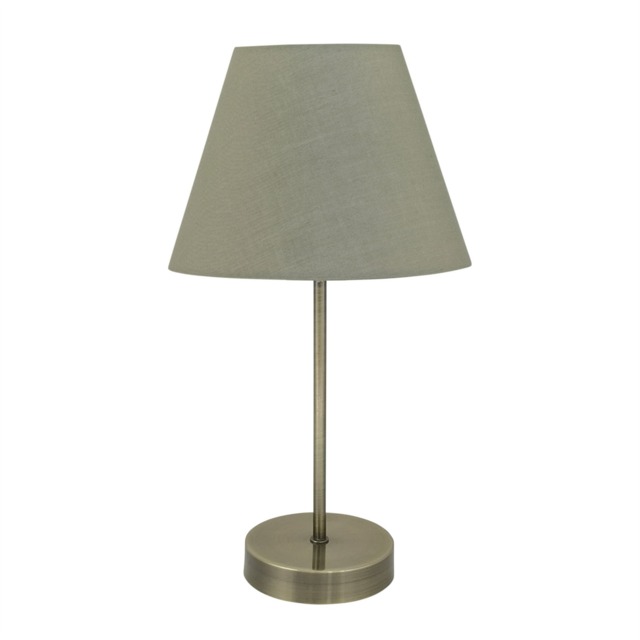 Antique Brass Stick Table Lamp with Sage Green Fabric Shade