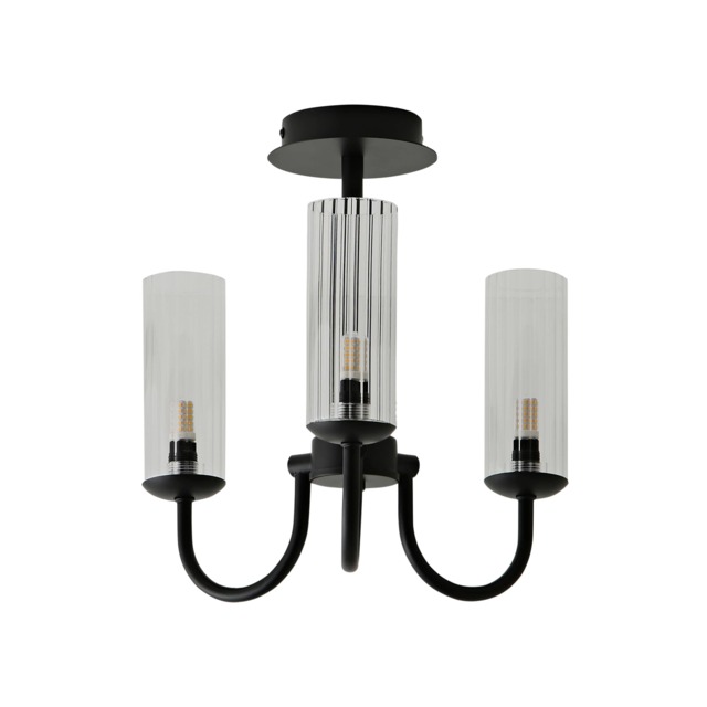 ValueLights Canya 3 Way Black Ceiling Light Clear Ribbed Shades Black