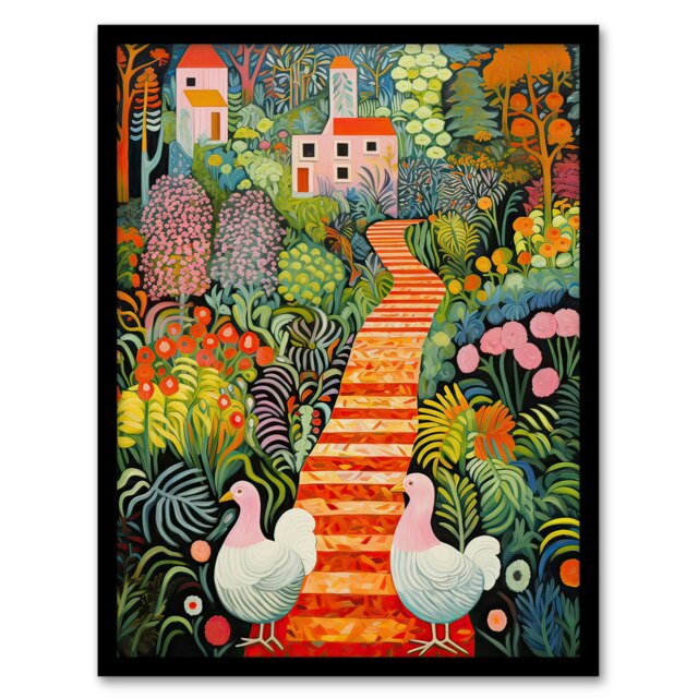 Lush Garden Path Hens Colourful Blooms Home Decor Black Framed Wall Art Print A4