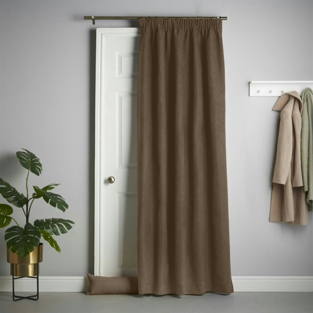 Velvet Chenille Thermal Fleece Lined Single Pencil Pleat Taped Top Door Curtain - 137cm x 213cm - Chocolate