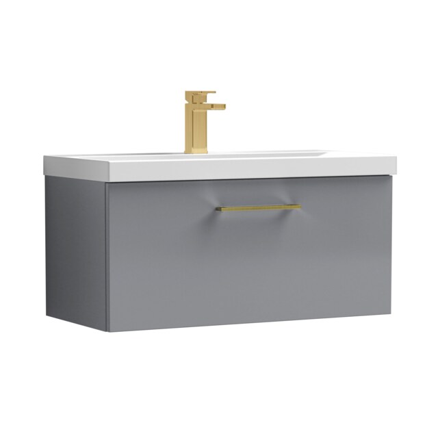 Balterley Wall Hung Bathroom 1 Drawer Vanity Unit and 1 Tap Hole Ceramic Basin, with Handle Grey Satin Grey