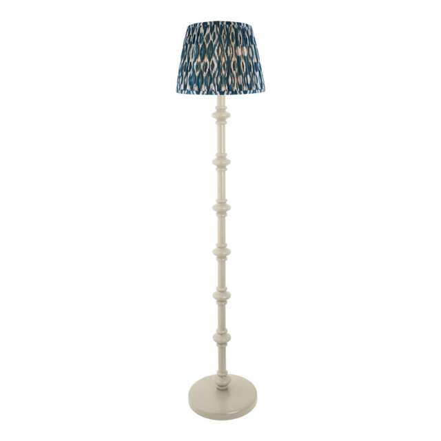 Carnaby Satin Almond White Paint Floor Lamp with Marlin Blue Fabric Ikat Shade 35cm B22