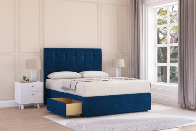 "Sloomy Highbury Navy Plush Divan Bed With Mattress No Drawers With 54"" Floor Standing Headboard 2'6 Small Single Blue Navy Small Single 1"