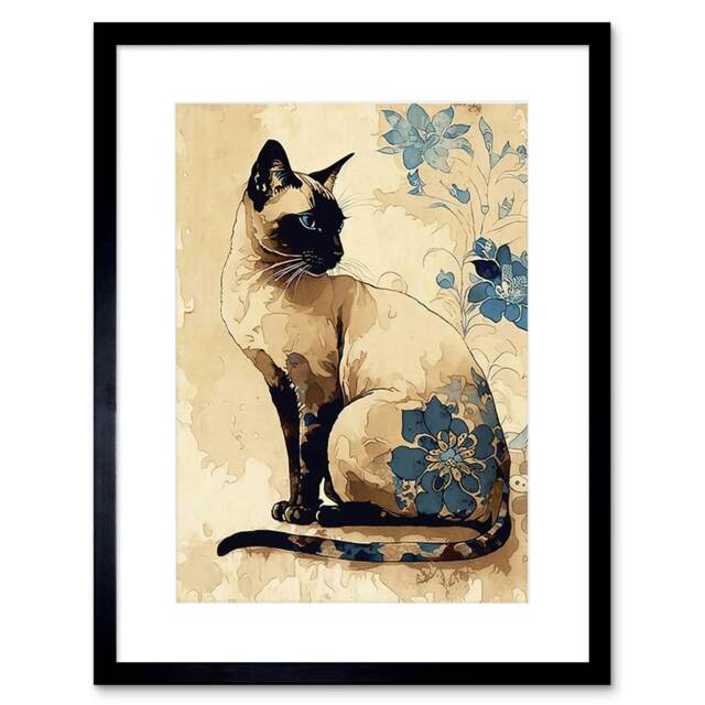 "Siamese Cat Blue Flowers Watercolour Ink Modern 9x7"" Black Framed Wall Art Print"