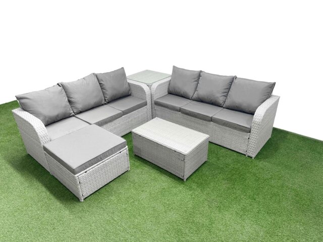 Fimous Outdoor Garden Furniture Sets 7 Seater Wicker Rattan Furniture Sofa Sets with Rectangular Coffee Table high Back Lounge Sofa Big Footstool Side Table Light Grey