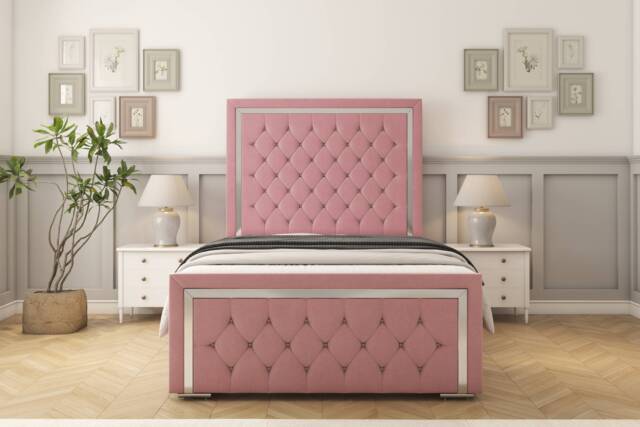 "Sloomy Sofia Chrome Pink Plush Bed Frame With 50"" Upholstered Headboard 4'6 Double"
